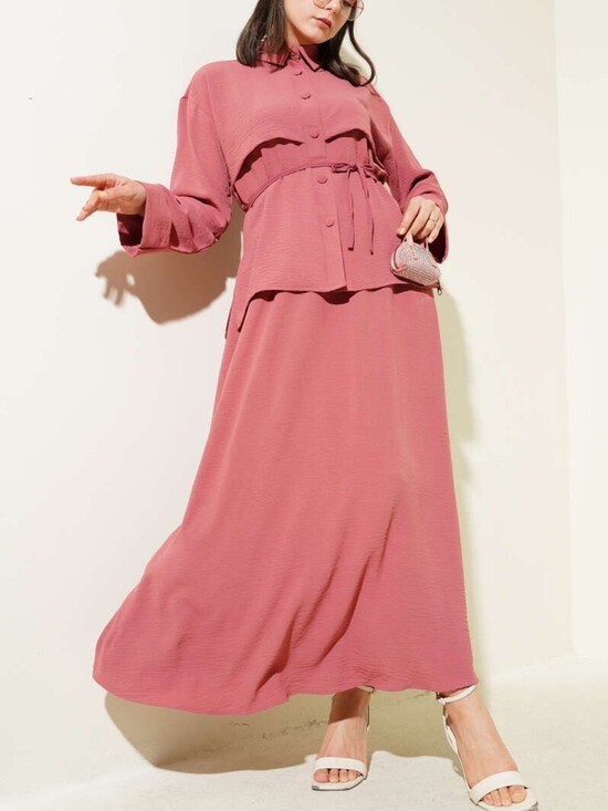 TEGOE Other - Two-Piece Modest Dusty Rose Belted Top Maxi Skirt Set L/XL Coordinated Outfit